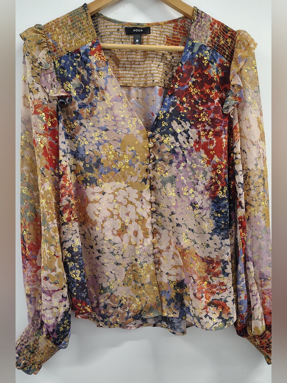 NWT$68 Elegant Fall Foliage Gold Flecked Smocked LS Top Bloomingdales Sz M